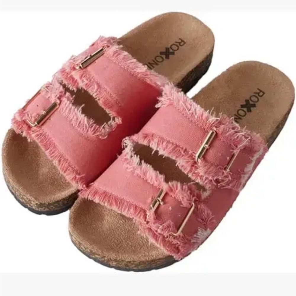 Roxoni Pink Women's Comfort Flat Double Buckle Adjustable Straps Sandals